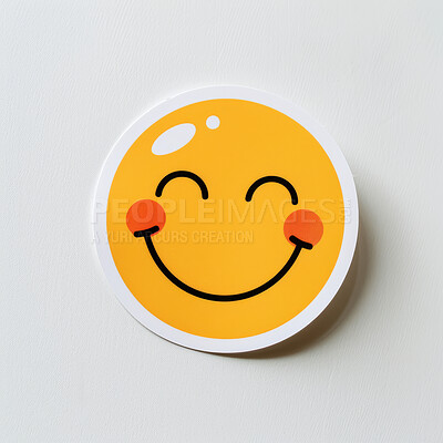 Buy stock photo Emoji, sticker and print of smile face, cartoon and stamp of character on white background. Doodle, drawing and art of icons or pins or patches, creative and illustration for badge and emoticon