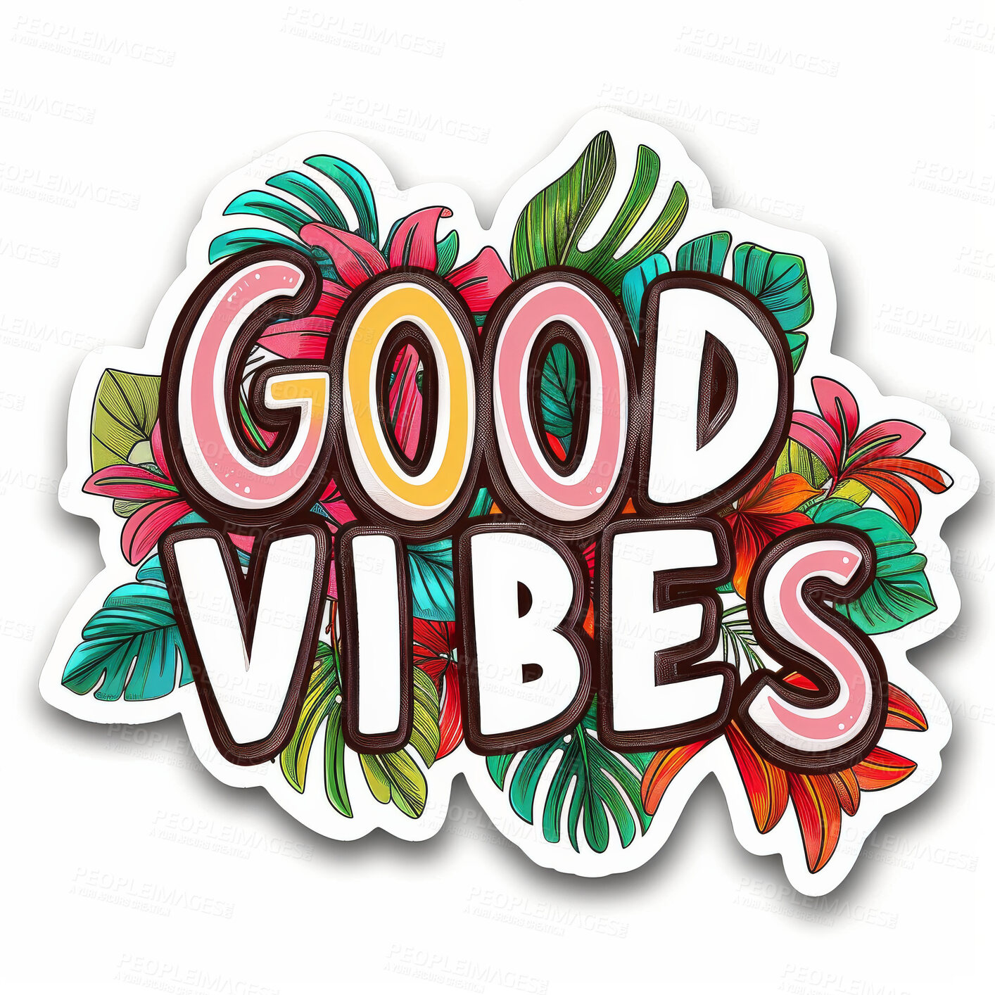 Buy stock photo Sticker, logo and text of word good vibes for motivation, gratitude and affirmation against isolated white background. Creative, icon and vinyl illustration for happiness, social media badge or stamp