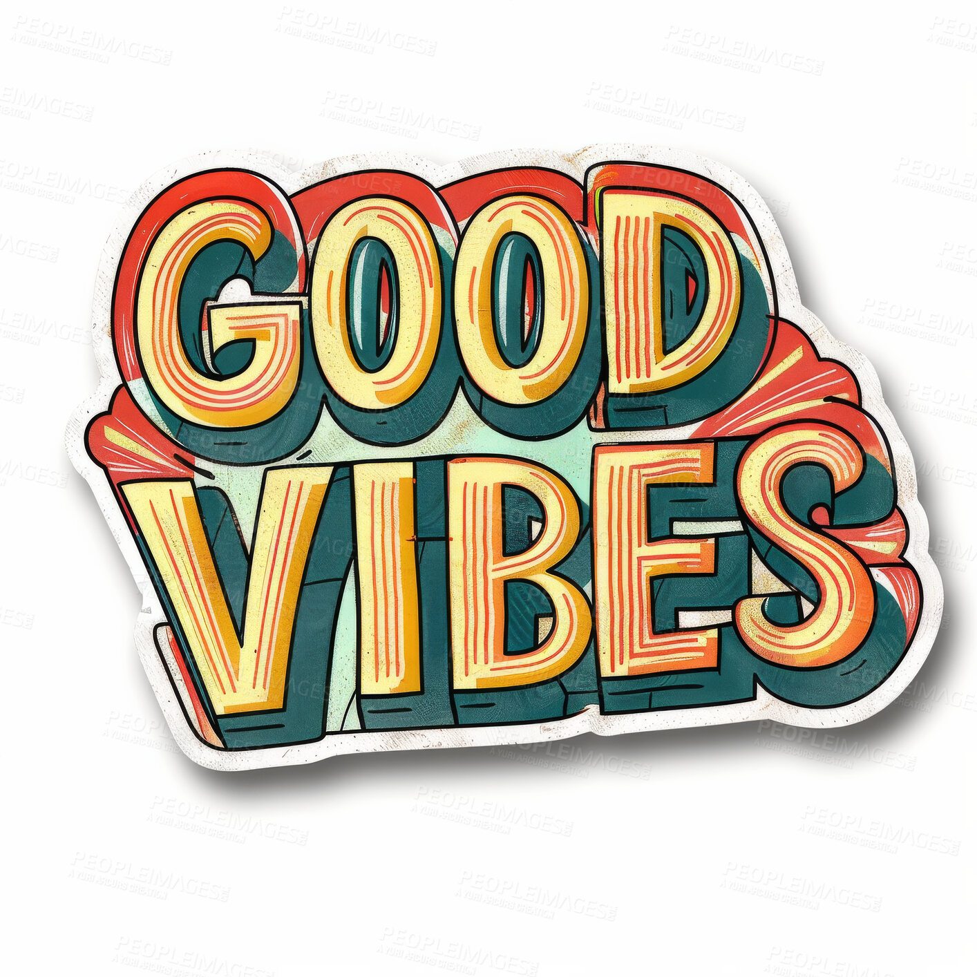 Buy stock photo Vinyl sticker, font or words with white background, motivation quote or decoration with illustration. Design, logo or wall decor for art, creativity with trendy saying or letter, good vibes and text