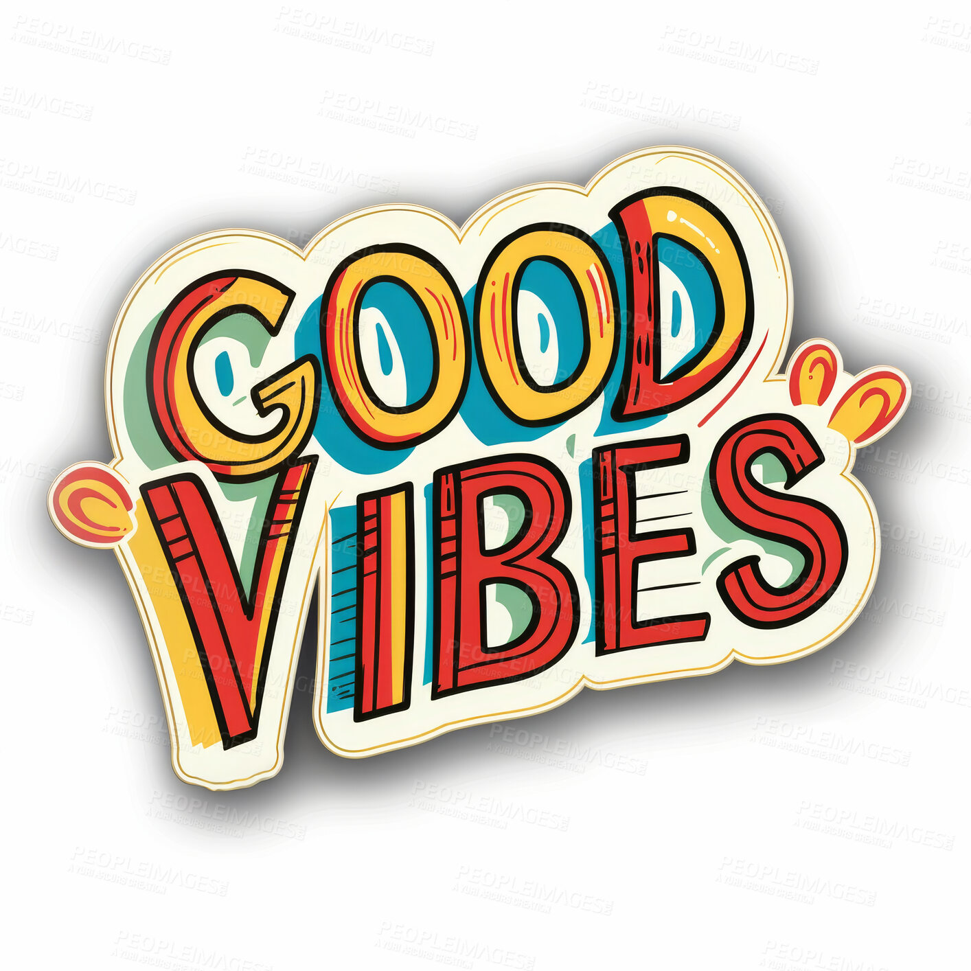 Buy stock photo Vinyl sticker, text or words with white background, motivation quote or decoration with illustration. Design, logo or wall decor for art, creativity with trendy saying or letter, good vibes and font