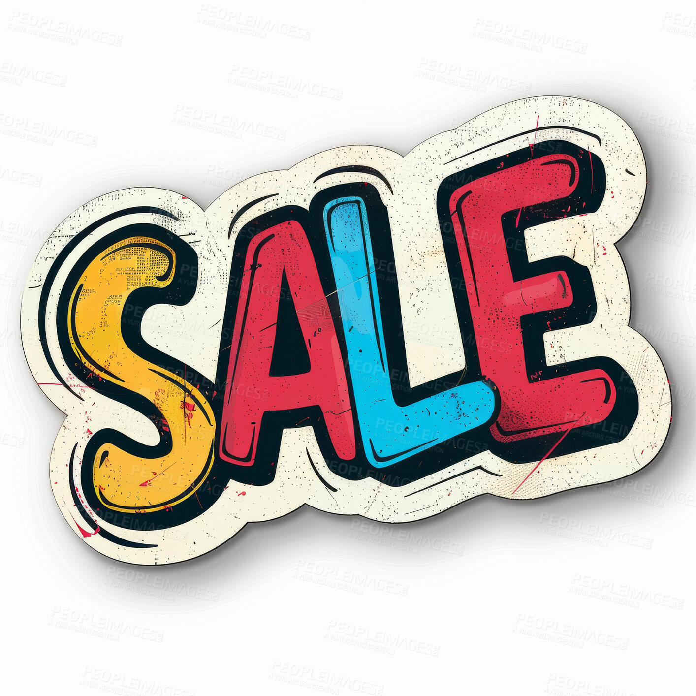 Buy stock photo Sale, sticker and font for deal, advertising or discount isolated on a white background mockup space in studio. Marketing, text and sign for shopping, promotion offer and typography on retail label