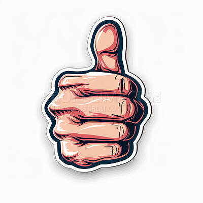 Buy stock photo Cartoon, emoji and thumbs up with creative hand isolated on white background for like or yes. Social media, thank you and vote with illustration of winner gesture for communication, goal or reaction