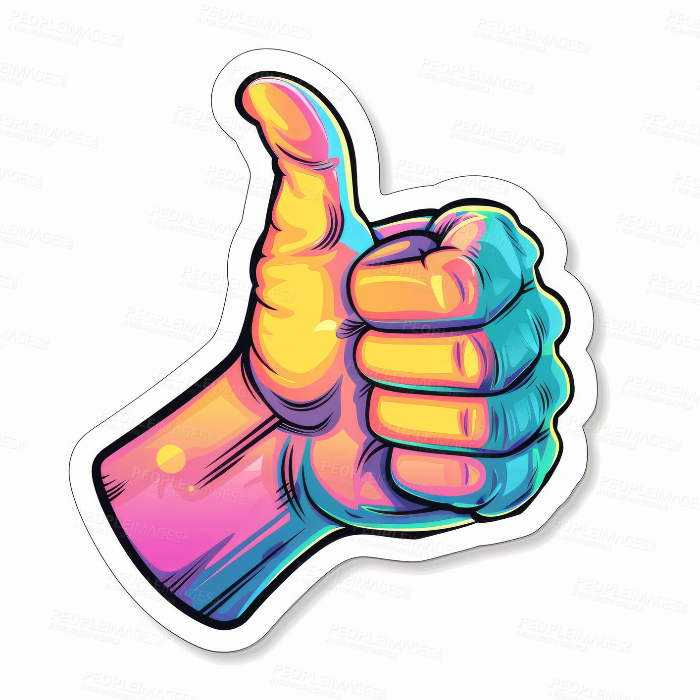 Buy stock photo Emoji, graphic and thumbs up with neon hand isolated on white background for like or yes. Creative, social media and thank you gesture with illustration of winner for communication, goal or reaction