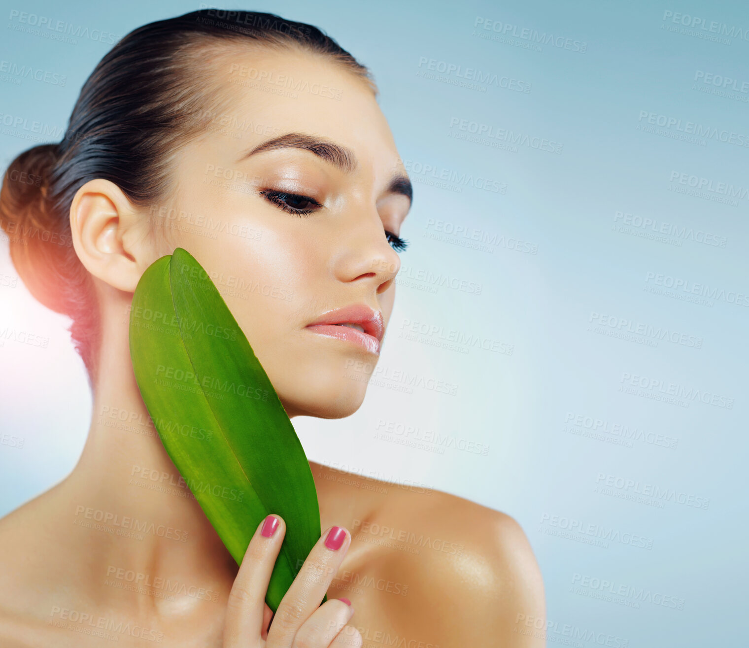 Buy stock photo Skincare, woman or leaf in studio for natural beauty, organic treatment or vegan cosmetics on blue background. Green plant, eco friendly remedy or gen z girl for dermatology, facial product or luxury