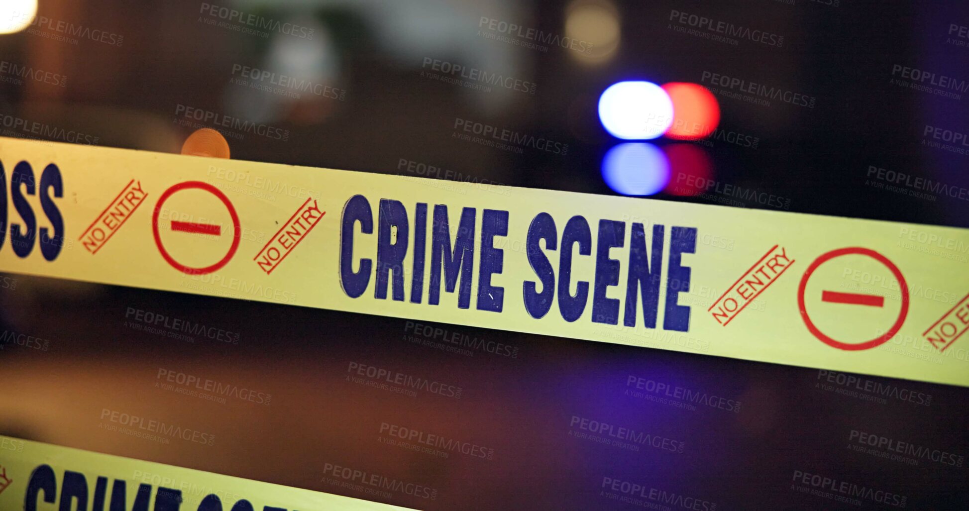 Buy stock photo Police, sirens and yellow tape for crime scene, investigation and barricade in night for warning, danger or sign. Forensic inspection, street or road with security for robbery, murder and no entry