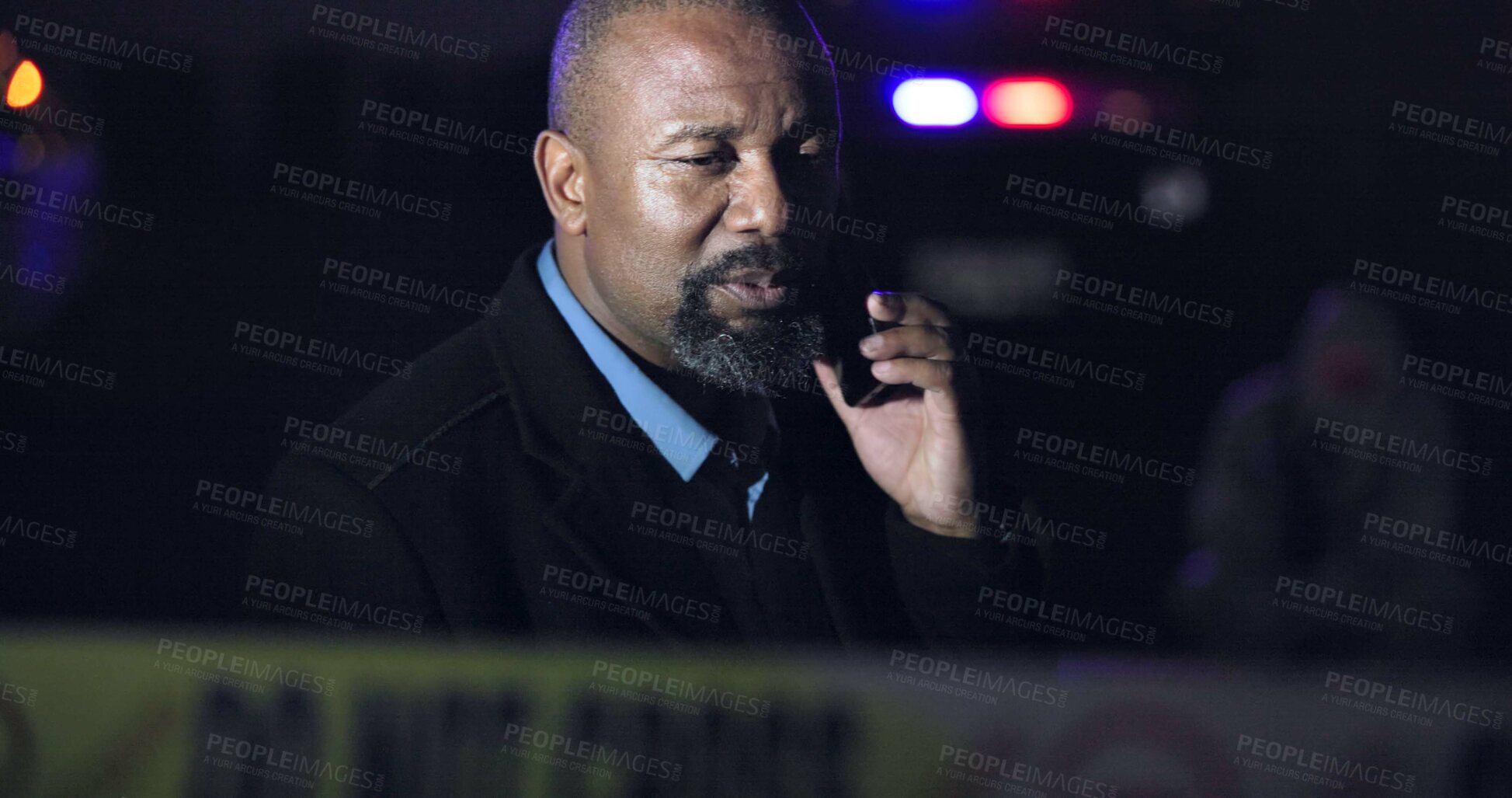 Buy stock photo Police office, man and phone call for talk at crime scene, investigation or night with question in road. Forensic inspection, African person and contact for lead, security and communication in city