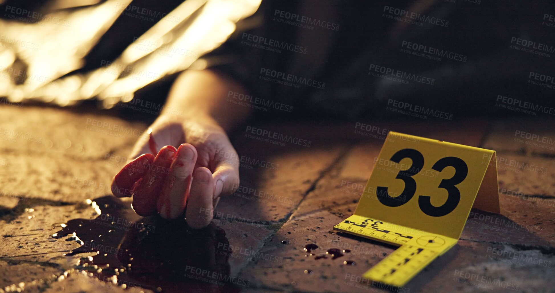 Buy stock photo Crime scene, dead body and accident at night in street with police sign and cover with and emergency siren. Death, person or murder or yellow cone in road with lights or blood with accident or corpse