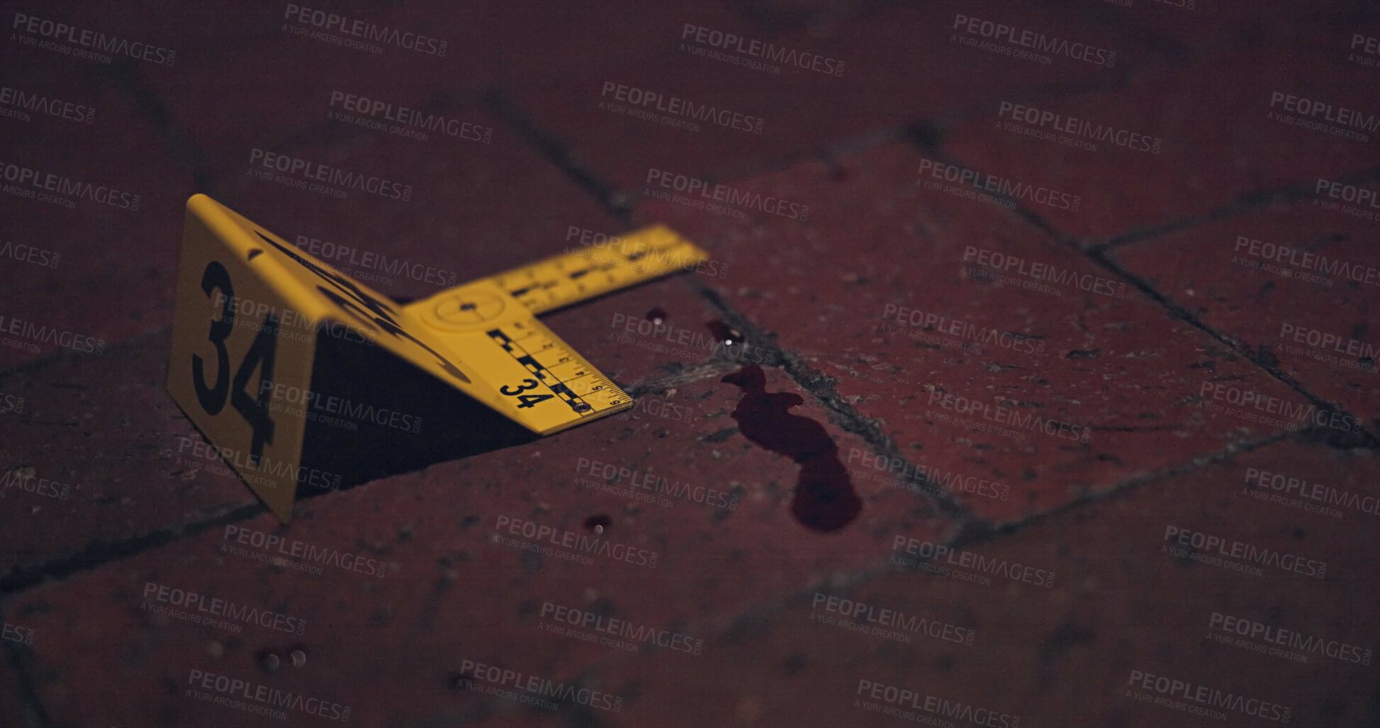 Buy stock photo Crime scene, investigation and blood on floor for evidence, forensics and dna for pathology research. Marker, security and yellow sign with number for warning, caution and incident on red bricks