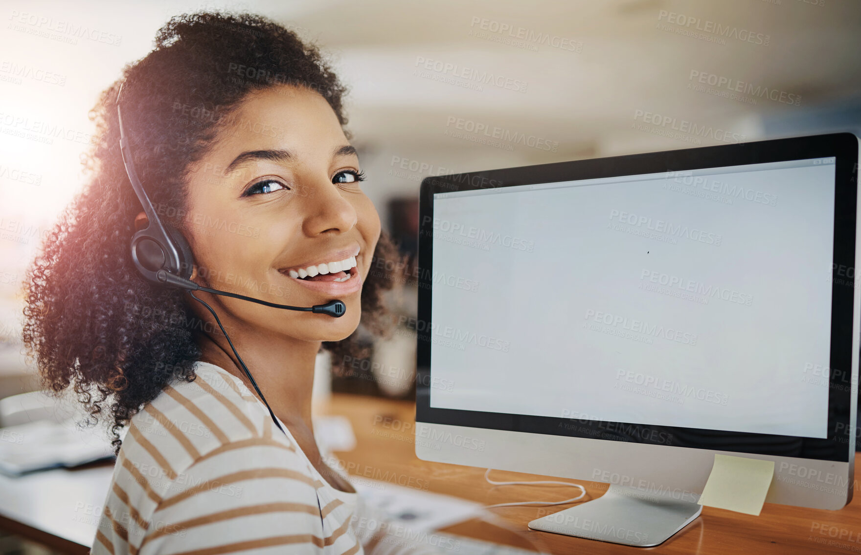 Buy stock photo Call center, woman and portrait with blank computer screen for telemarketing, crm and customer support mockup. Professional, headphones and web care with consulting and digital advice in office