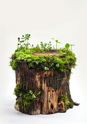 Nature, stump and white background with plants for growth, environment and green leaves on wood. Ecosystem, sustainability and log with bark for eco friendly, tree and development on earth day