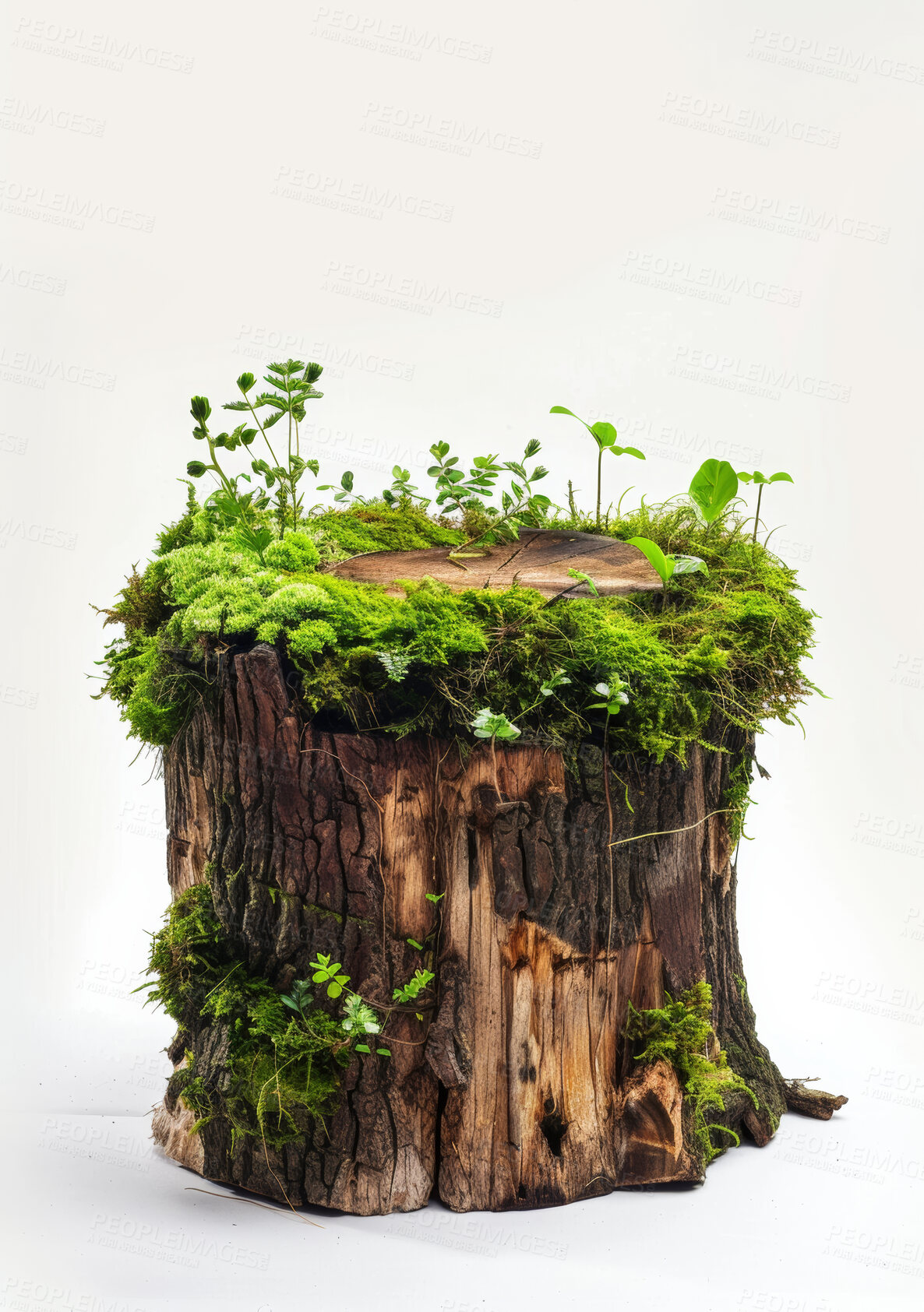 Buy stock photo Nature, stump and white background with plants for growth, environment and green leaves on wood. Ecosystem, sustainability and log with bark for eco friendly, tree and development on earth day