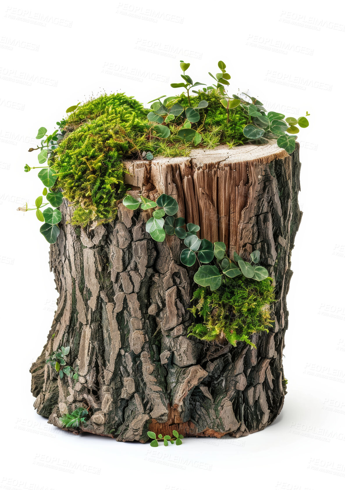 Buy stock photo Tree, white background and stump with plants for nature, environment and green leaves on wood. Ecosystem, sustainability and log with bark for growth, development and eco friendly on earth day