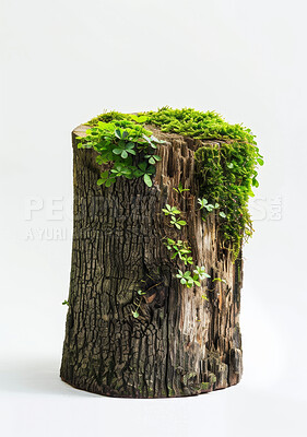 White background, nature and stump with wood for ecosystem, brown log and plants on tree. Growth, sustainability and log with bark for eco friendly, environment and ecology development on earth day