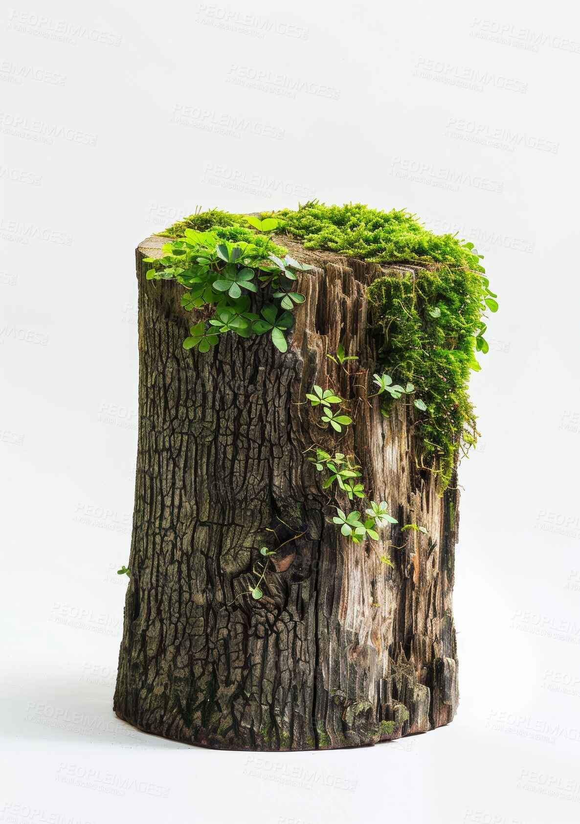 Buy stock photo White background, nature and stump with wood for ecosystem, brown log and plants on tree. Growth, sustainability and log with bark for eco friendly, environment and ecology development on earth day