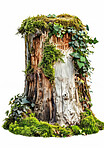 Tree, stump and white background with nature for green environment, brown log and leaves on wood. Ecosystem, sustainability and log with bark for eco friendly, growth and development on earth day