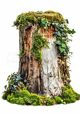 Tree, stump and white background with nature for green environment, brown log and leaves on wood. Ecosystem, sustainability and log with bark for eco friendly, growth and development on earth day