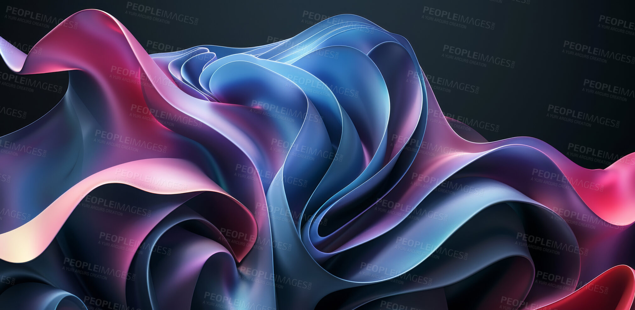 Buy stock photo Abstract, wallpaper and design with 3d waves, art or illustration isolated on a black background. Pattern, flowing and texture with gradient of motion, curve and iridescent graphic on a backdrop