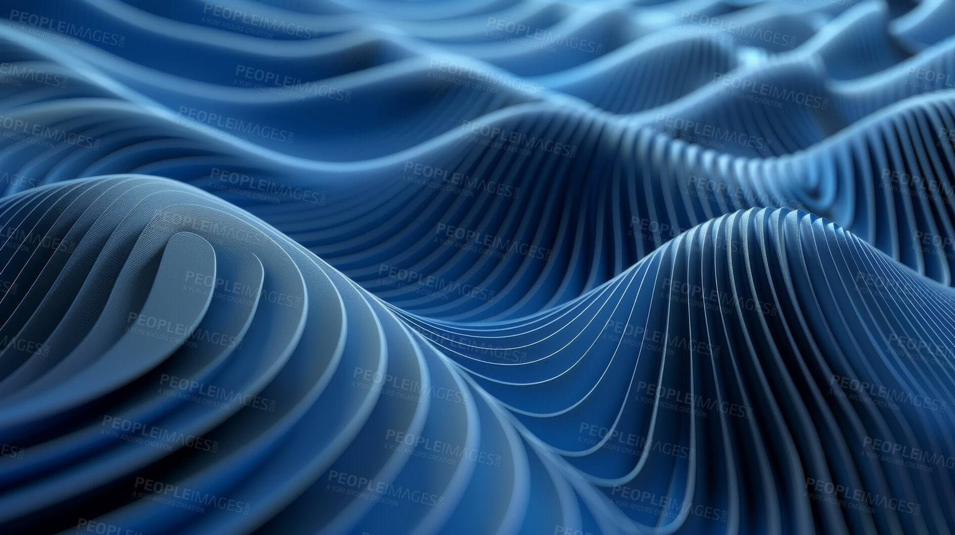 Buy stock photo Blue, curves and 3D graphic with texture, waves or ripple effect for art, wallpaper or background. Light, wavy lines or smooth motion of water flow or dynamic sheet with form, movement or rhythm