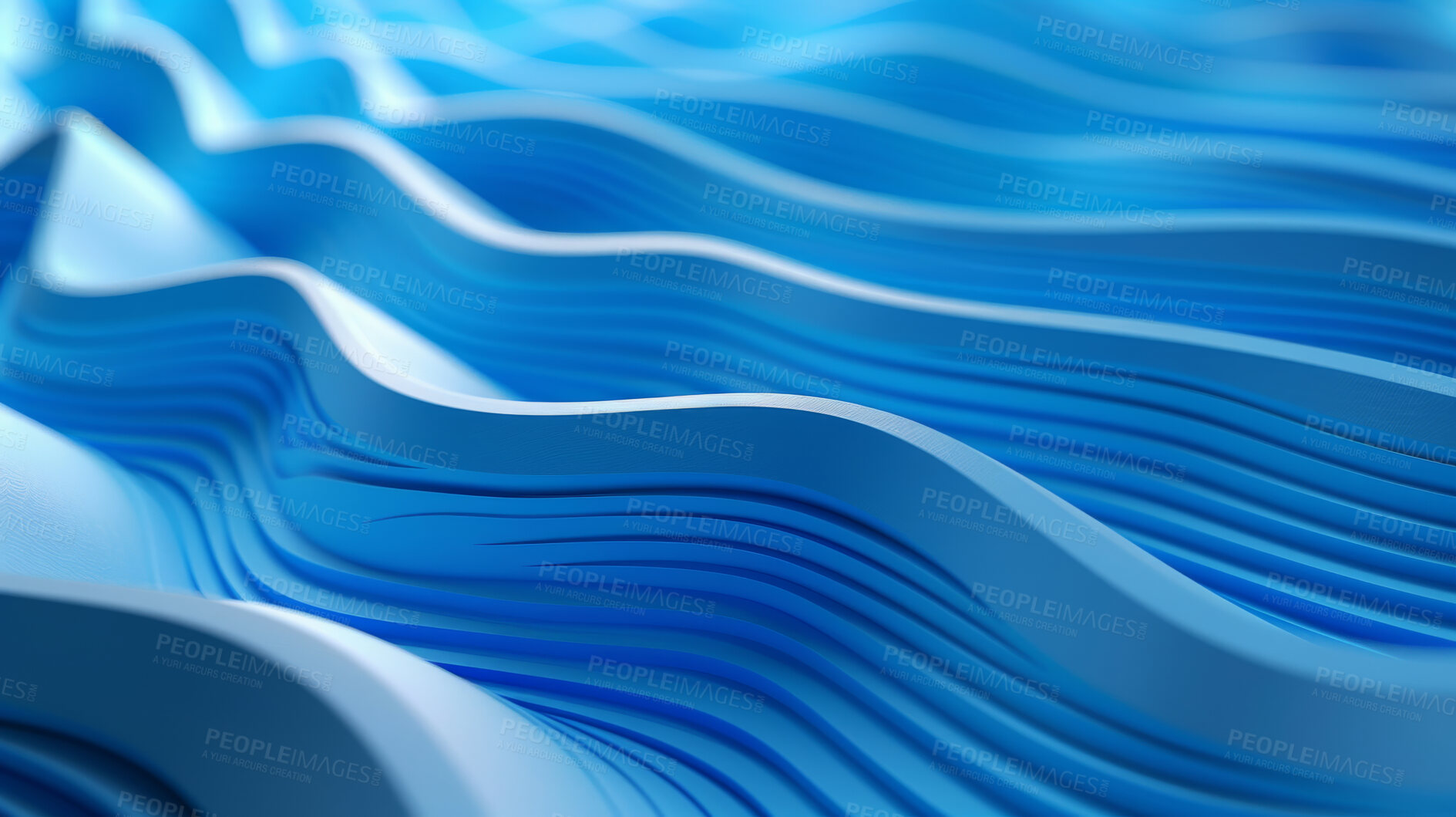Buy stock photo 3d waves, abstract and blue texture, art or wallpaper illustration of fabric on background. Pattern, flow and design with gradient of motion, ocean or graphic of liquid on creative backdrop closeup