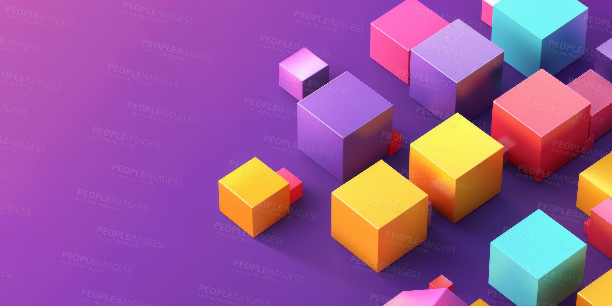 Buy stock photo 3d graphic, cubes and geometry with color and creative pixel pattern render. Abstract digital block, geometric Illustration and pastel grid for modern wallpaper, mosaic and form on purple background
