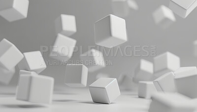 3D, art and floating cube illustration in studio on gray background for design or graphic. Abstract, creative texture with square block objects falling to ground for creative or geometric pattern