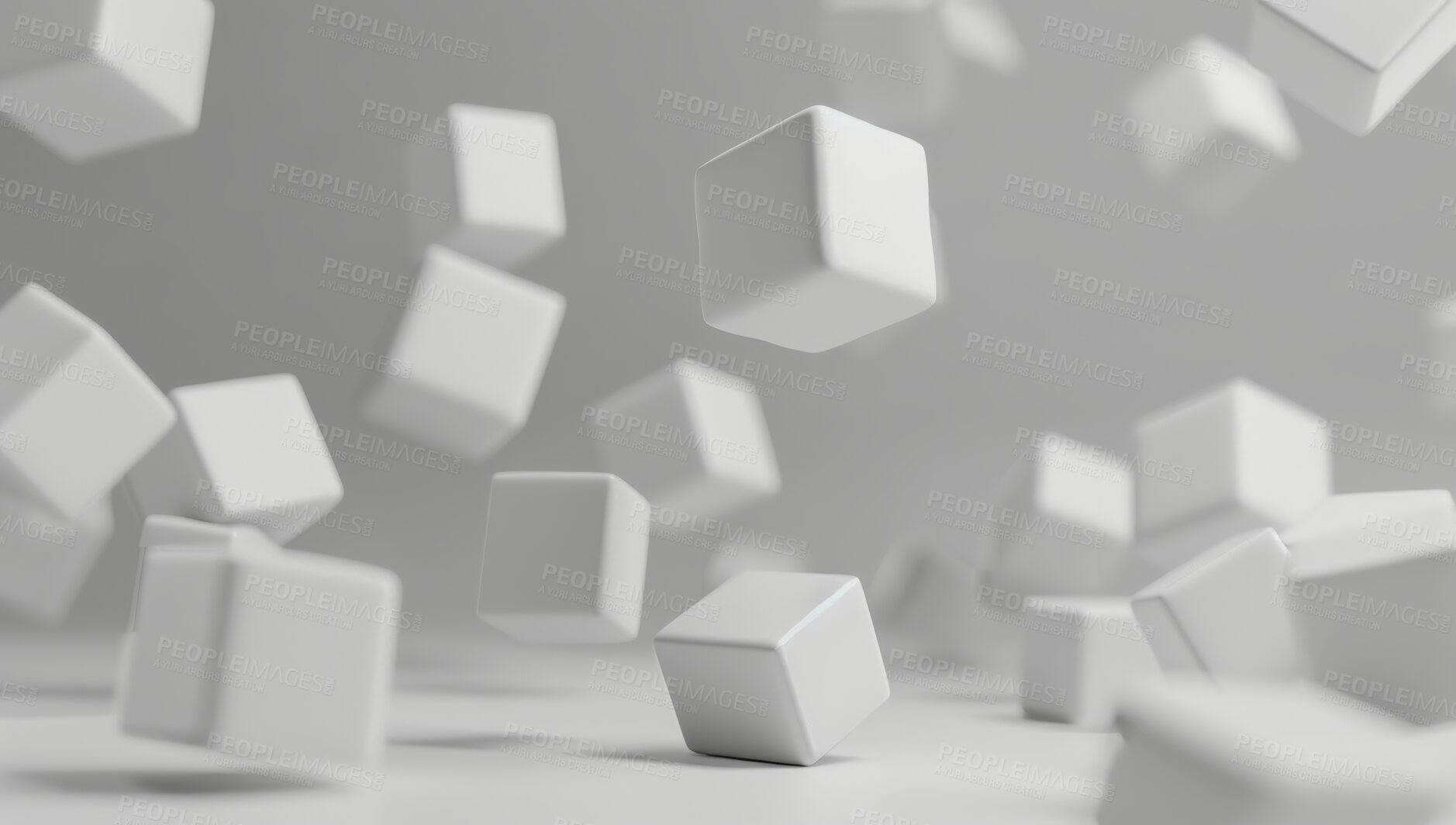 Buy stock photo 3D, art and floating cube illustration in studio on gray background for design or graphic. Abstract, building texture with square block objects falling to ground for creative or geometric pattern