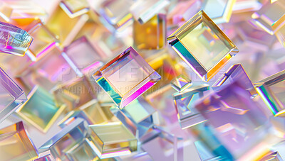 3D, cube and glass reflection with with neon light closeup for art, creative and refraction. Effect, diamond and prism with still life structure of transparent precious stone or crystal object