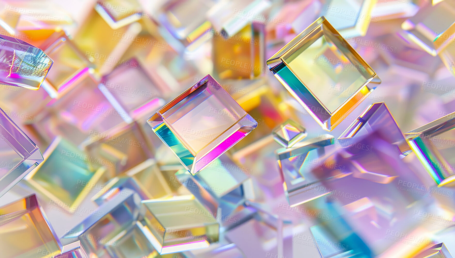 Buy stock photo 3D, cube and glass reflection with with neon light closeup for art, creative and refraction. Effect, diamond and prism with still life structure of transparent precious stone or crystal object
