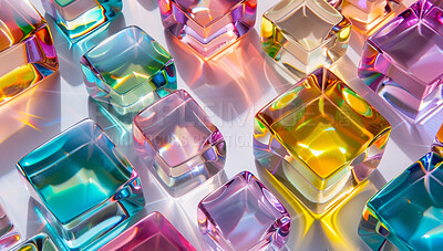 3D, block and glass reflection with with neon light closeup for art, creative and refraction. Cube, diamond and prism with still life structure of transparent precious stone or crystal object