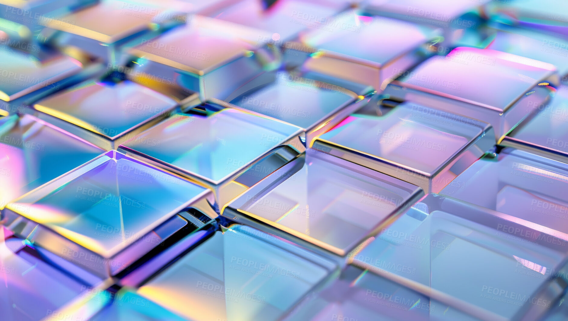 Buy stock photo Bright, tiled and shapes with textures in 3d for abstract, quantum mechanics with closeup for science. Overlay, moving and squares in hologram or neon for effect, innovation or wallpaper or pattern