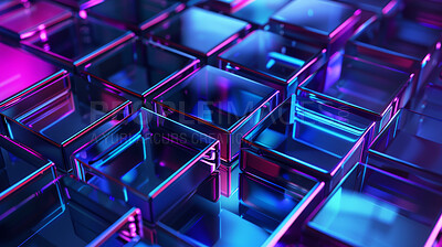 Neon, cubed and shapes with futuristic in 3d for abstract, quantum mechanics with closeup for science. Overlay, moving and squares in hologram or bright for effect, innovation or wallpaper or pattern