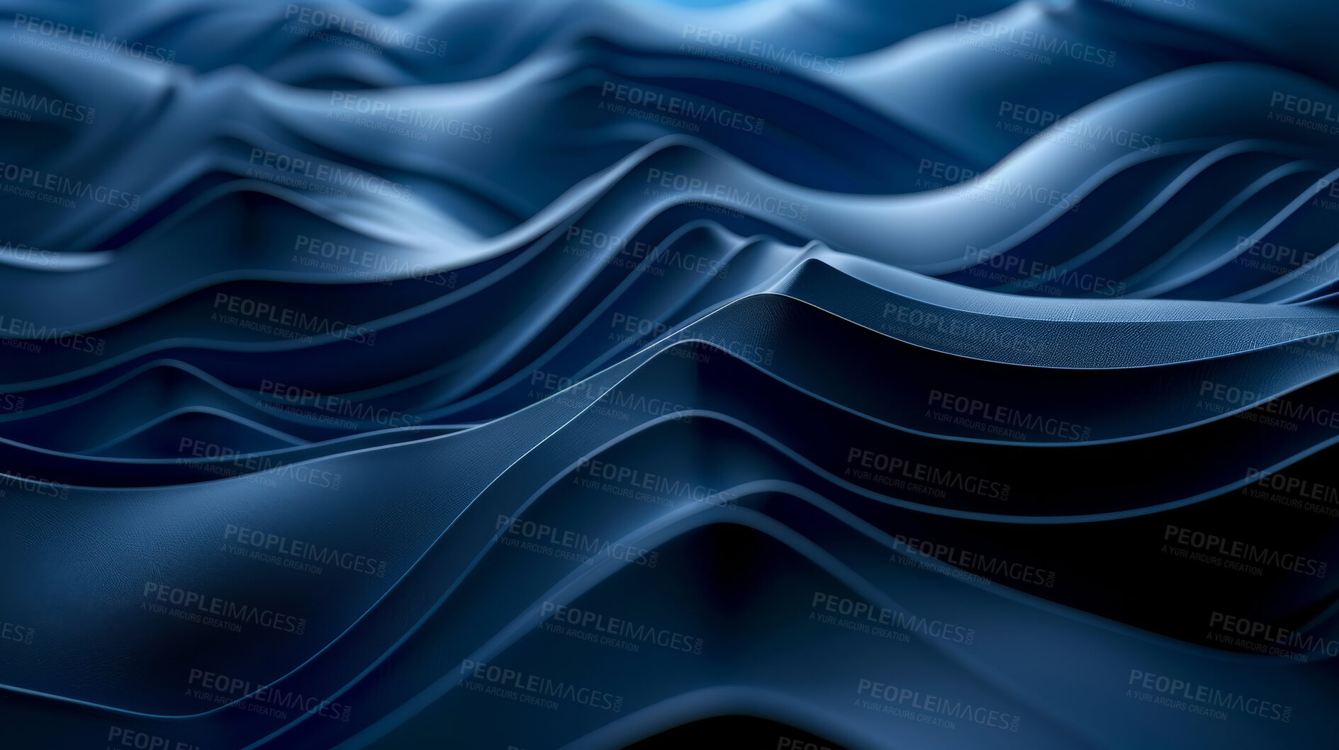 Buy stock photo 3d waves, abstract and blue background for art, texture or wallpaper illustration of fabric. Pattern, flow and design with gradient of motion, ocean or graphic of liquid on creative backdrop closeup