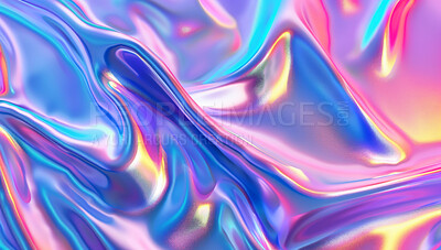 Abstract, background and chrome with iridescent or neon wavy gradient for psychedelic art. Holographic, metallic and futuristic or wavy gradient pattern for creative fabric design or decoration