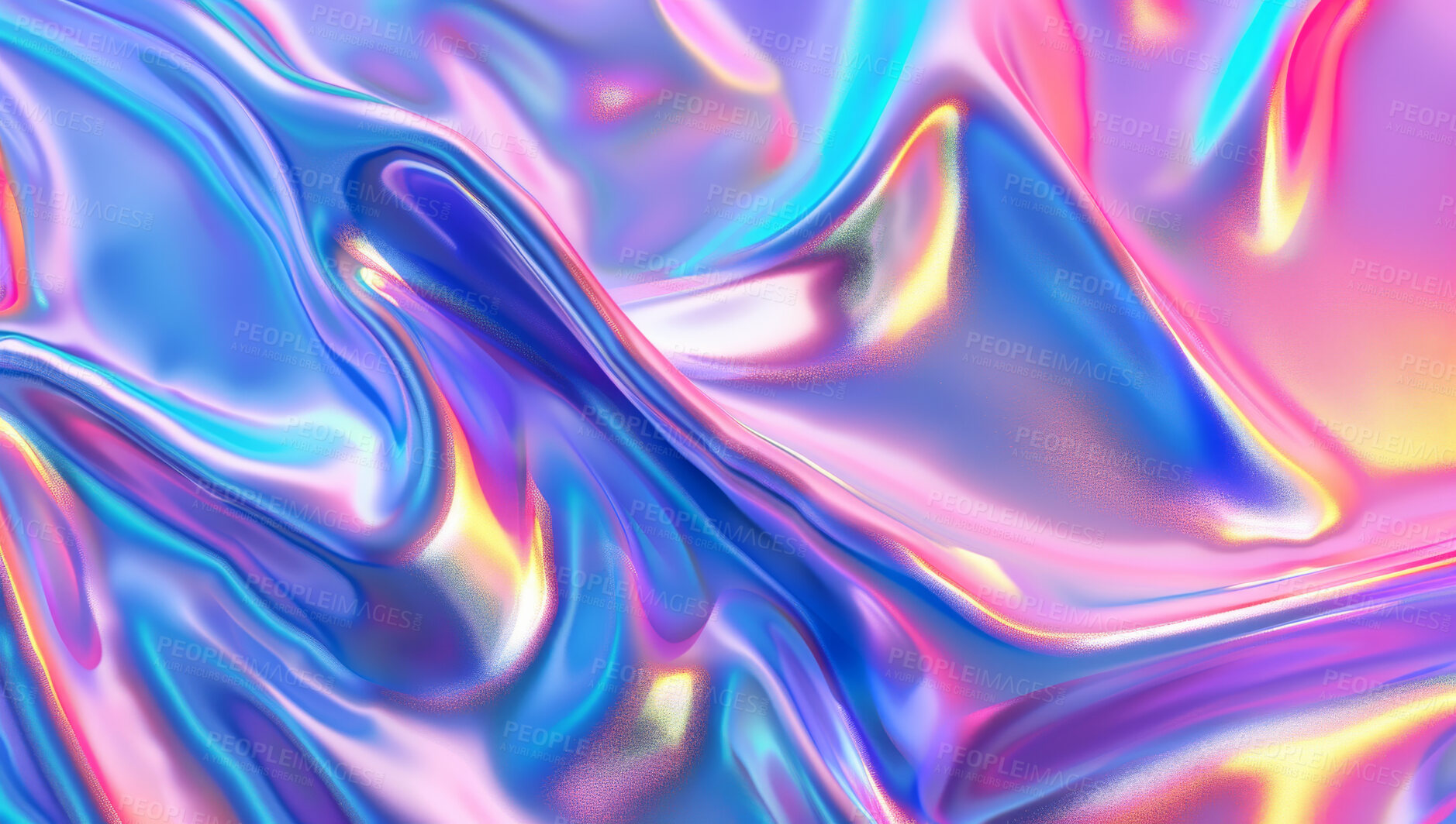 Buy stock photo Abstract, background and chrome with iridescent or neon wavy gradient for psychedelic art. Holographic, metallic and futuristic or wavy gradient pattern for creative fabric design or decoration