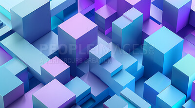 Buy stock photo Block, cubes and render textures, 3d and abstract, design or creative, pattern. Neon, wallpaper and blockchain, graphic and structure, digital and glow, background and form for geometric illustration