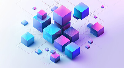 Buy stock photo Graphic, cubes and color with technology, blockchain and visualisation for crypto innovation. Abstract, cyberspace and big data with internet, software or network database for futuristic system