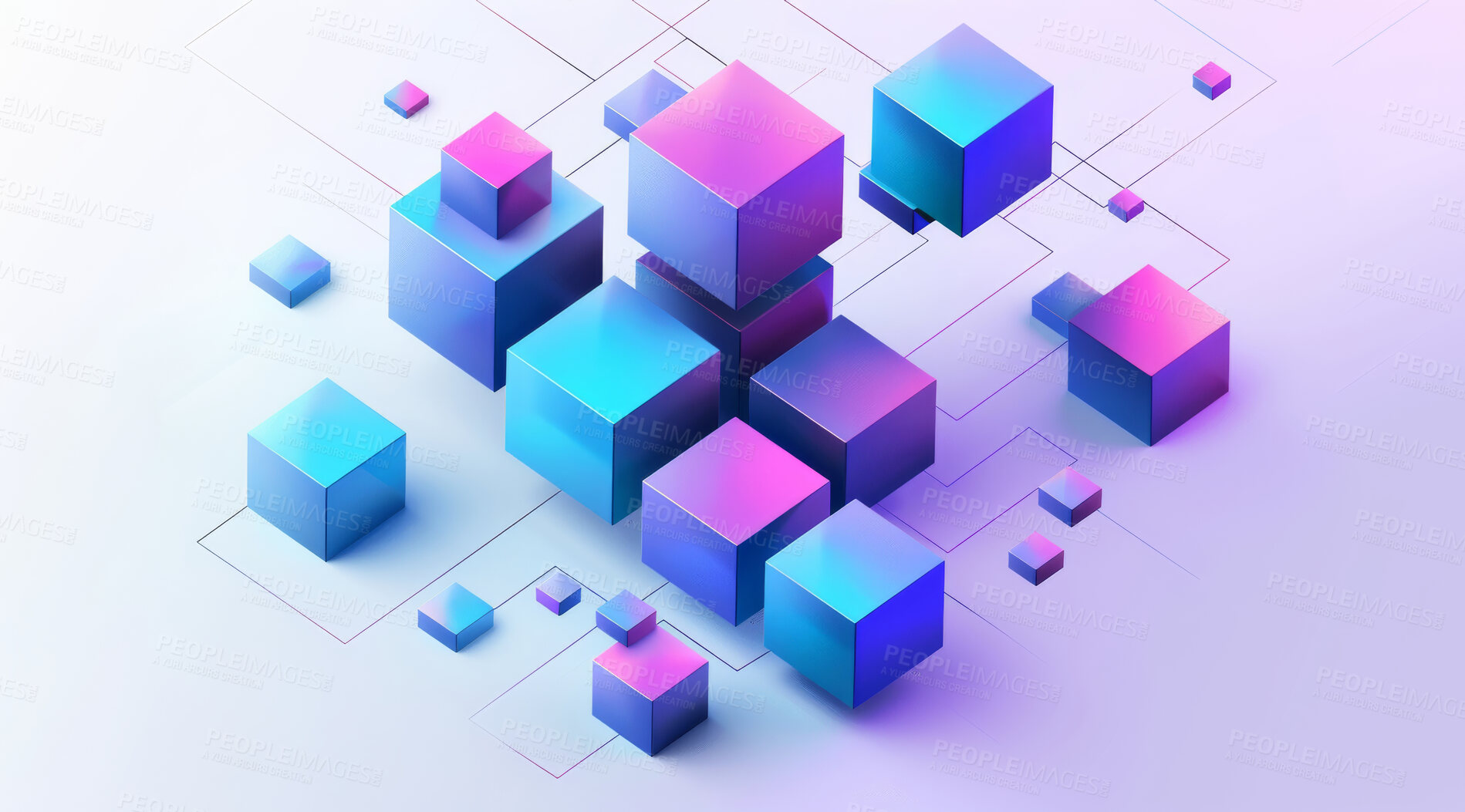 Buy stock photo Graphic, cubes and color with technology, blockchain and visualisation for crypto innovation. Abstract, cyberspace and big data with internet, software or network database for futuristic system