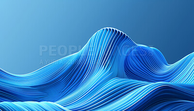 Blue, waves and 3D graphic with texture of abstract painting, design or ripple pattern for art on background. Curve light and wavy lines of cartoon ocean, water or aqua liquid forming and flowing