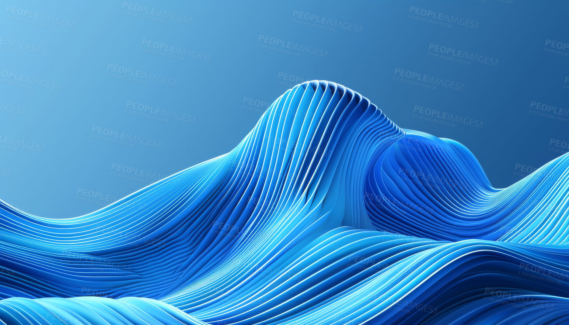 Buy stock photo Blue, waves and 3D graphic with texture of abstract painting, design or ripple pattern for art on background. Curve light and wavy lines of cartoon ocean, water or aqua liquid forming and flowing
