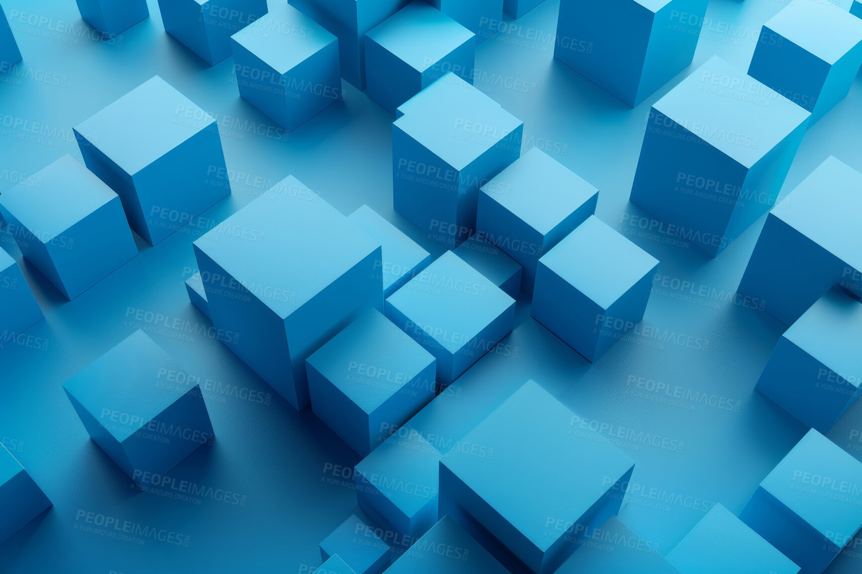 Buy stock photo 3d graphic, cubes and geometry with blockchain and creative blue render. Abstract digital block, geometric Illustration and future grid for modern wallpaper, mosaic and form for data innovation