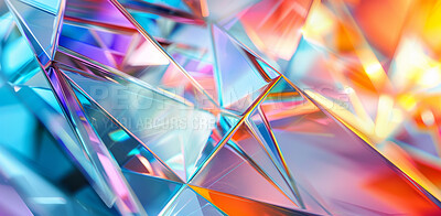 3D, effect and glass reflection with with neon light closeup for art, creative and refraction. Abstract, diamond and prism with still life structure of transparent precious stone or crystal object