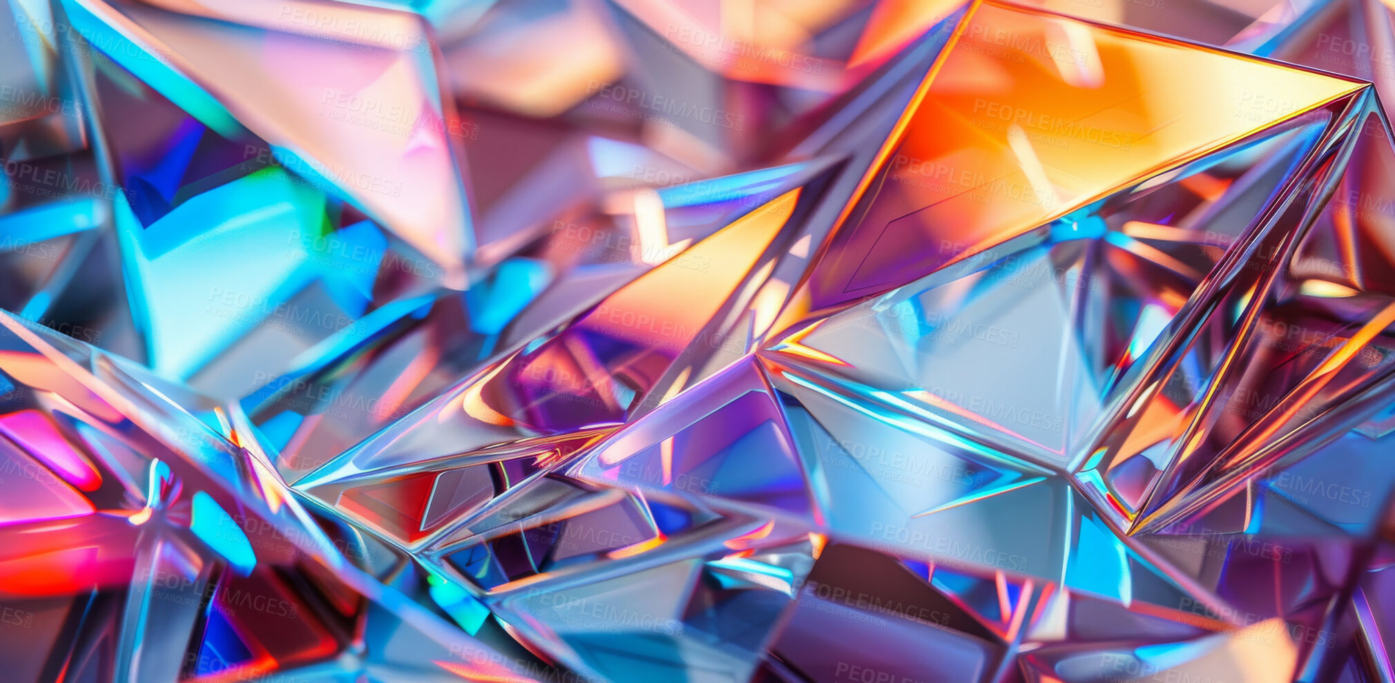 Buy stock photo Rainbow, crystal and holographic as wallpaper design as abstract artwork as reflection, broken glass or background. Prism, light and color pattern or vibrant textures as banner, sparkle or shimmer