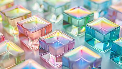 Prism, color and 3d with hologram, cubes and halo with creativity and abstract art with wallpaper. Empty, squares and rainbow with innovation and shapes with neon and futuristic with boxes or crystal