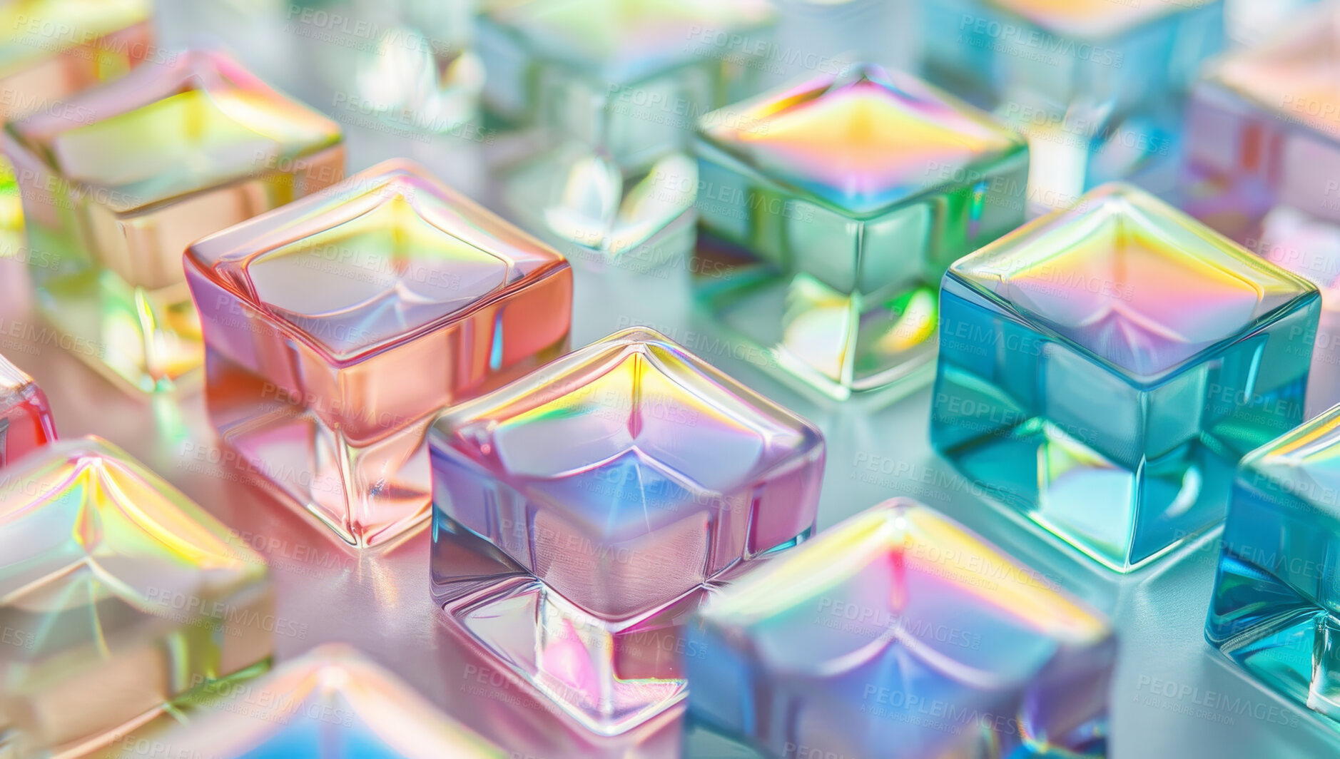 Buy stock photo Prism, color and 3d with hologram, cubes and halo with creativity and abstract art with wallpaper. Empty, squares and rainbow with innovation and shapes with neon and futuristic with boxes or crystal