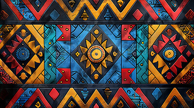 Buy stock photo Abstract, color and African pattern on art, illustration and creative design of indigenous symbol. Vintage, graphic and geometric print for culture, spiritual sign and 3d texture of tribal icon