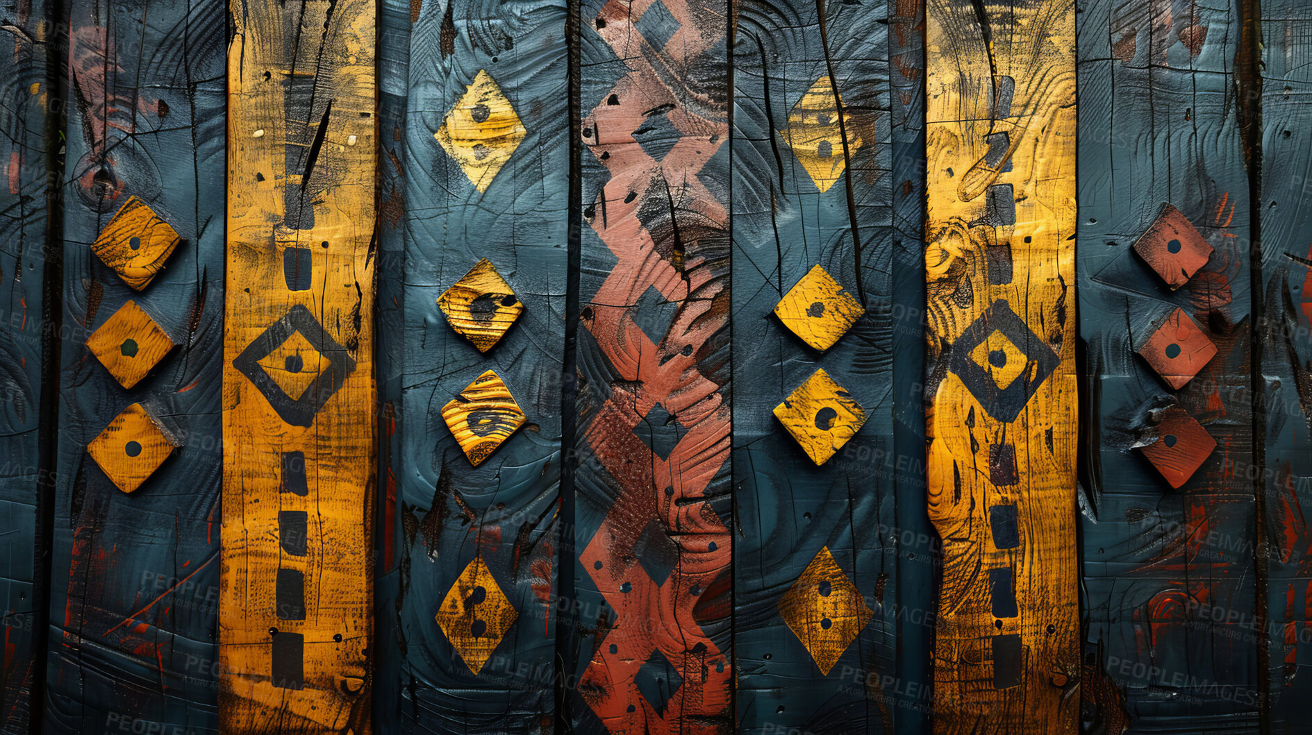 Buy stock photo Geometric, African and design with tribal abstract for wood art, indigenous symbol and wallpaper. Ancient, mural and traditional artwork with painting for culture, pattern and colourful decoration