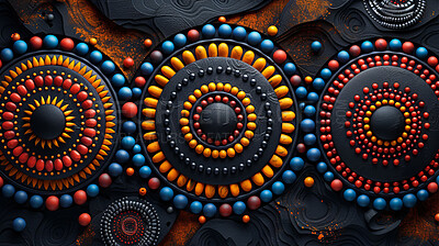 Buy stock photo Beads, abstract and African pattern on art, illustration and creative design of indigenous symbol. Vintage, graphic and totem with color for culture, spiritual sign and 3d texture of tribal icon