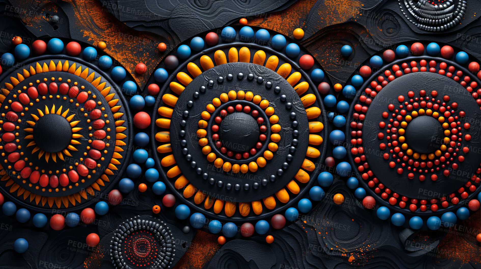 Buy stock photo Beads, abstract and African pattern on art, illustration and creative design of indigenous symbol. Vintage, graphic and totem with color for culture, spiritual sign and 3d texture of tribal icon