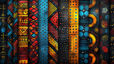 Buy stock photo Tribal, African art and texture with abstract for cultural mural, painting or colorful pattern. Creative, print and geometric shapes by dark background with design, illustration or drawing icon.