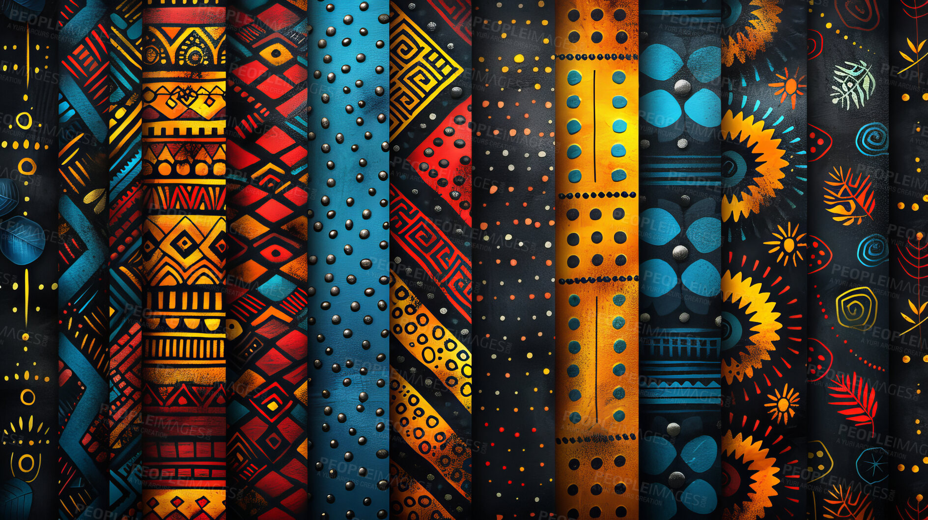 Buy stock photo Tribal, African art and texture with abstract for cultural mural, painting or colorful pattern. Creative, print and geometric shapes by dark background with design, illustration or drawing icon.
